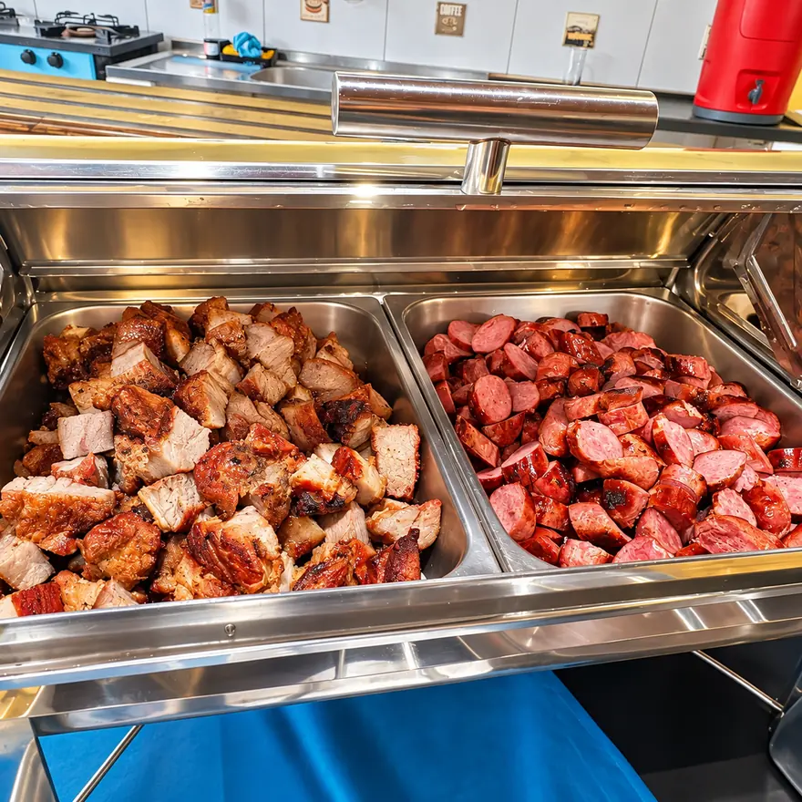 Cubos de carne suína e linguiça fatiada em cubas quentes de inox